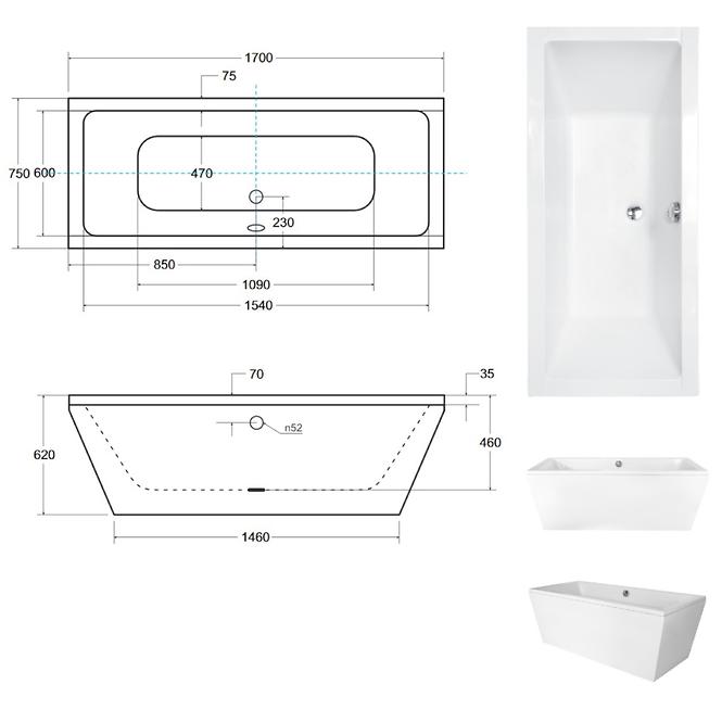 Freistehende Badewanne VERA 170/75 weiß + automatischer Siphon mit Überlauf