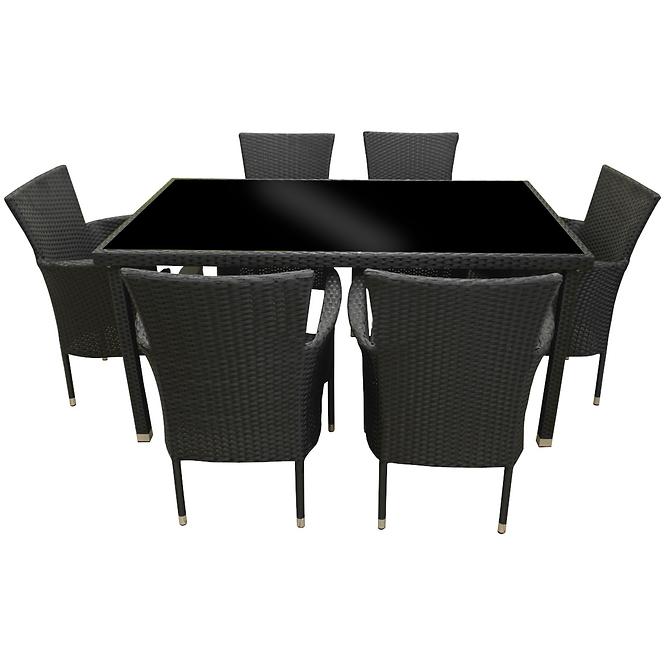 Glastisch Set  technorattan + 6 Stühle černá