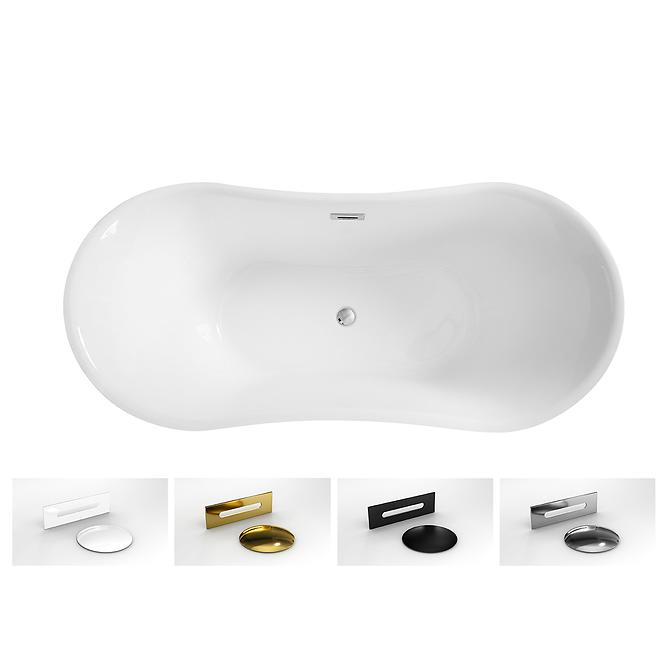 Frei stehende Badewanne Amber 170/80 Überlaufgarnitur Click-Clack mit rechteckigem Überlauf Slim Chrom