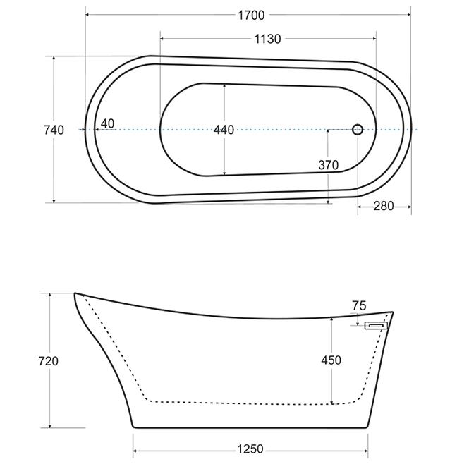 Frei stehende Badewanne Calima 170/74 Überlaufgarnitur Click-Clack mit rechteckigem Überlauf Slim chrom