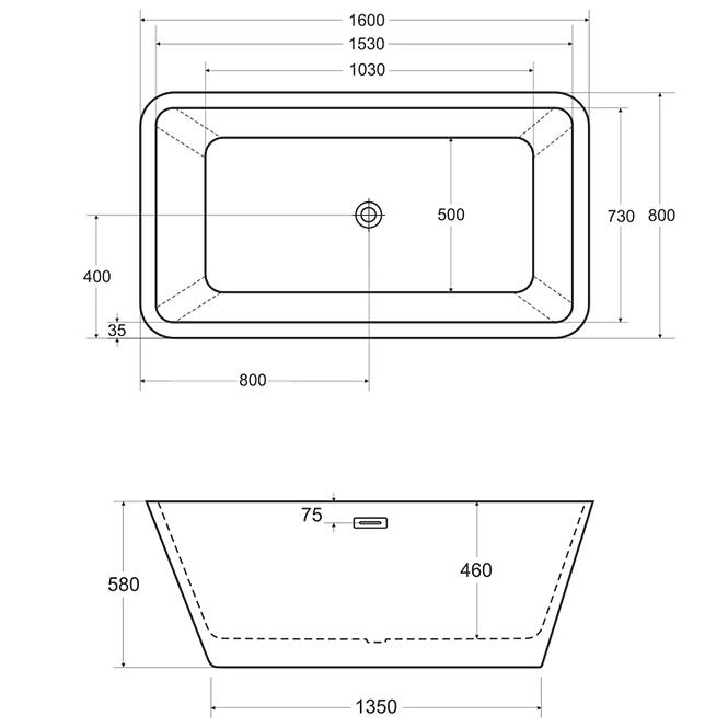 Frei stehende Badewanne Evita 160/80 + Überlaufgarnitur Click-Clack mit Überlauf Slim