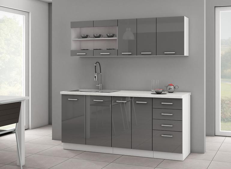 Küchenzeile Sonia 180cm Grau/Glänzend mit Arbeitsplatte