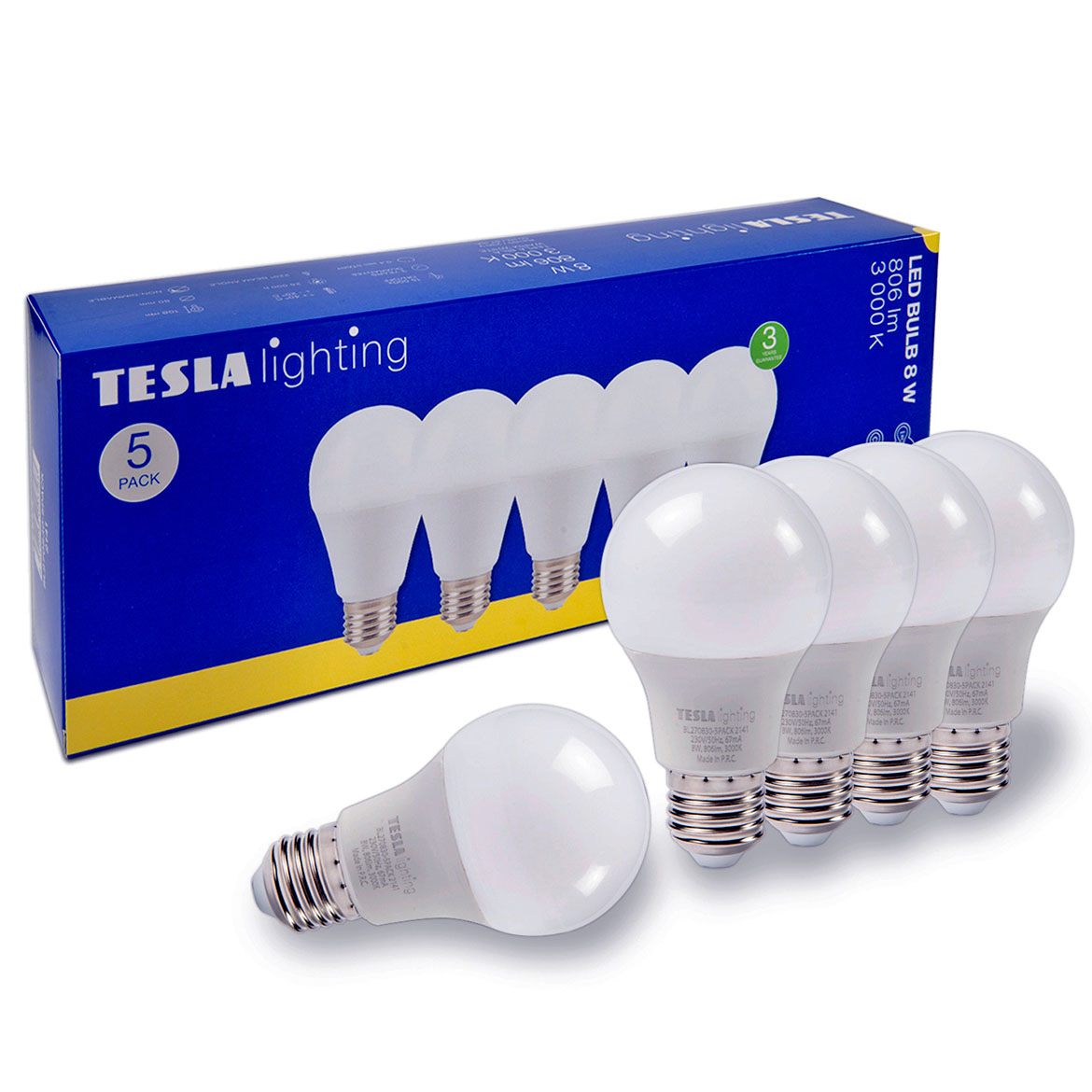 LED Lampe bulb 8W E27 3000K 806LM, 5 pack,3