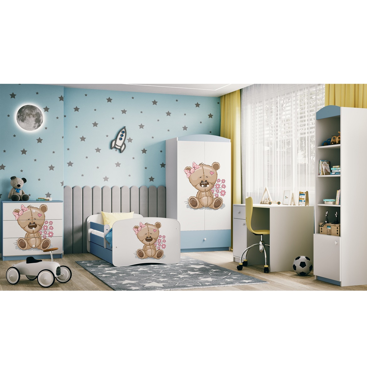 Kinderbett Babydreams+SZ blau 70x140 Bär mit Blumen,4