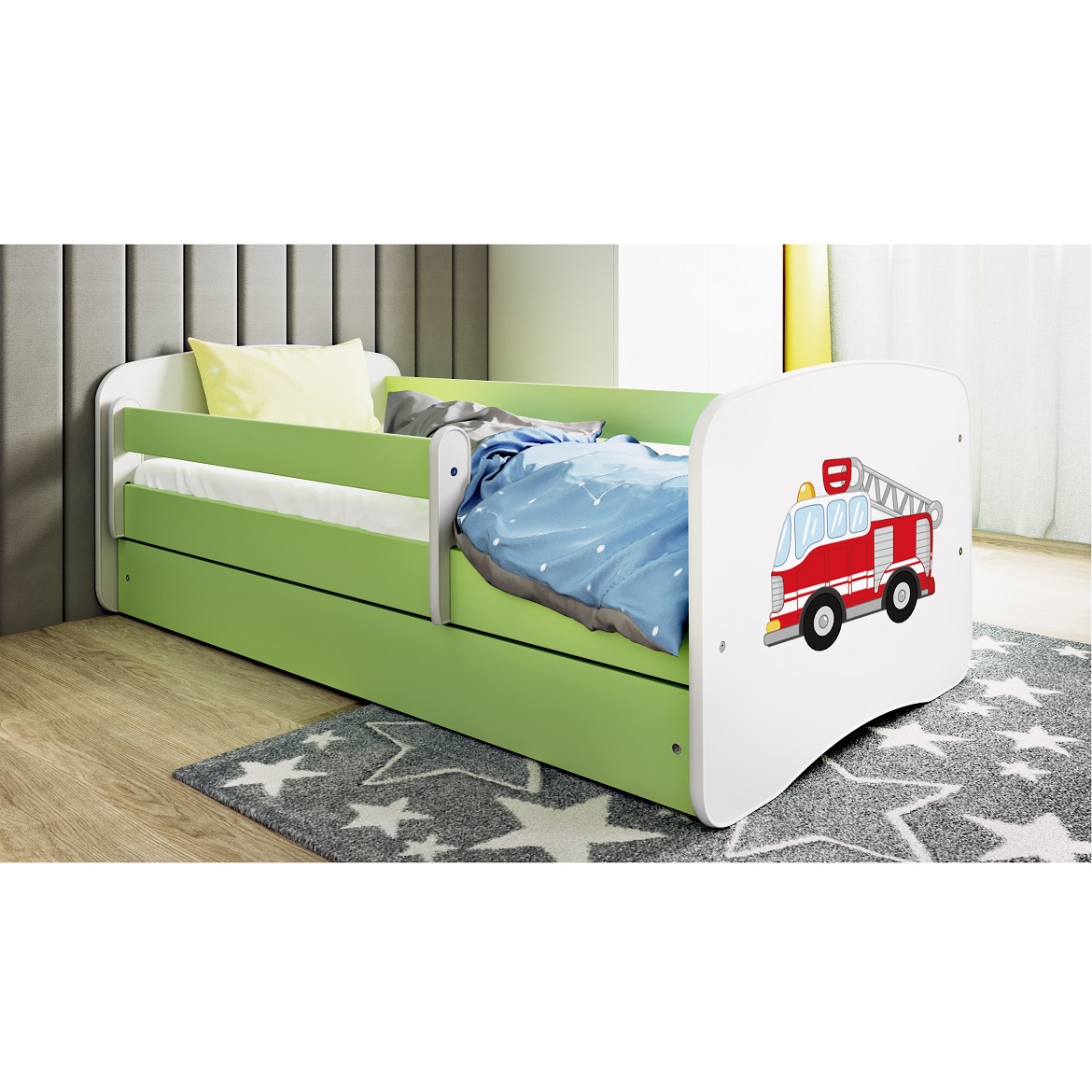 Kinderbett Babydreams+SZ grün 70x140 Feuerwehrauto,5