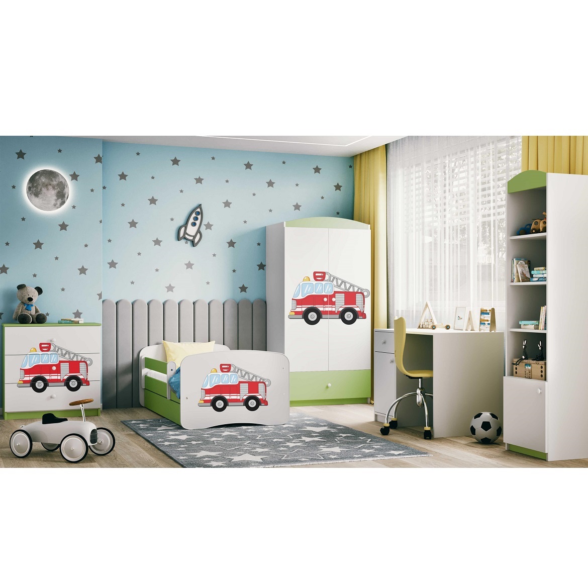 Kinderbett Babydreams+SZ grün 70x140 Feuerwehrauto,6