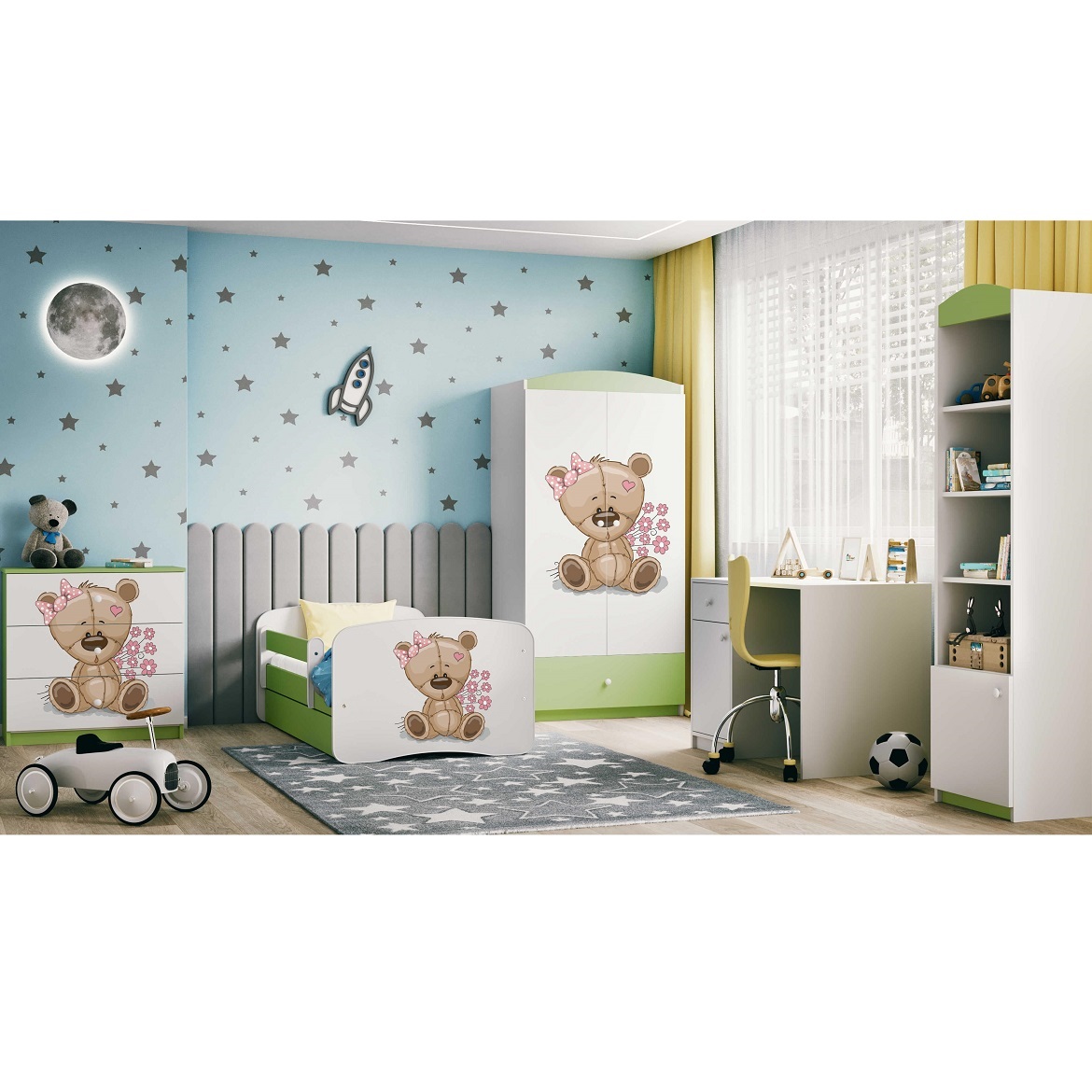 Kinderbett Babydreams+SZ+M grün 70x140 Bär mit Blumen,6