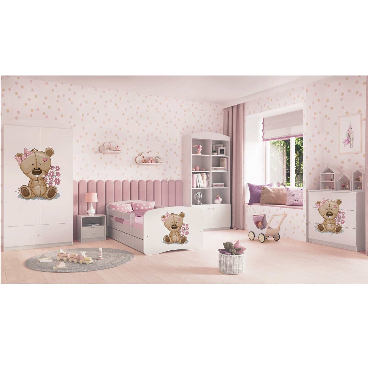 Kinderbett Babydreams+SZ+M weiß 80x160 Bär mit Blumen,4