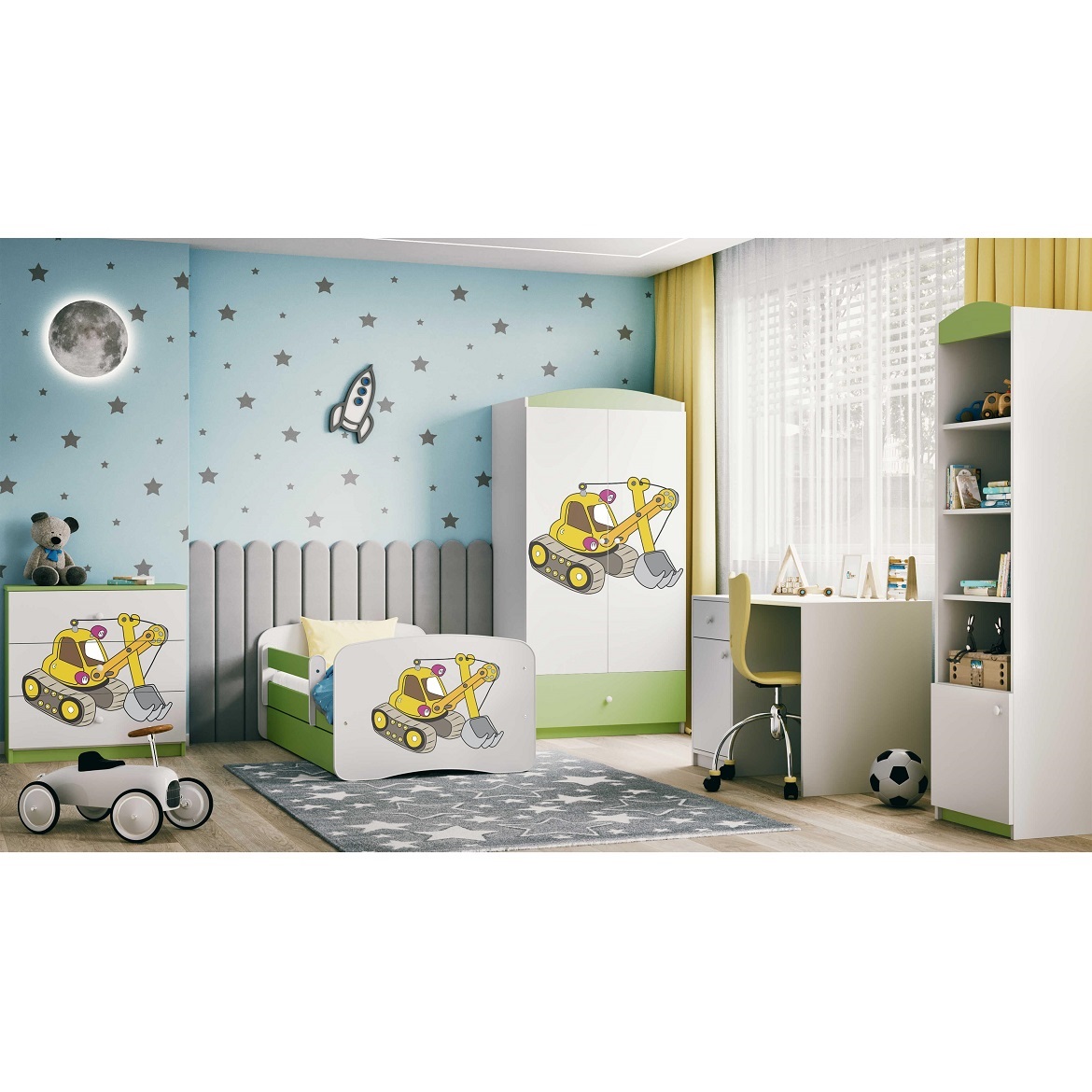 Kinderbett Babydreams+SZ+M grün 80x160 Bagger,6