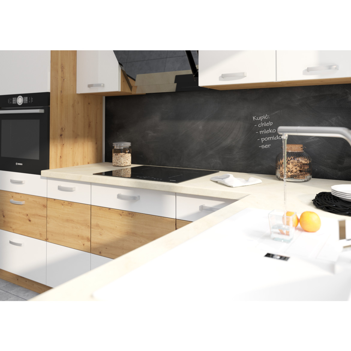 Küchenzeile Artisan 260cm weiß Glanz ohne Arbeitsplatte